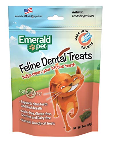Product Cover Emerald Pet - Feline Dental Treats, Dental Stick, Cat Chews for Teeth Cleaning, Freshens Breath, Reduces Plaque and Tartar, Grain-Free (Feline Dental Treat, 3 Ounce), Salmon