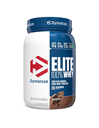 Product Cover Dymatize Elite 100% Whey Protein Powder, 25g Protein, 5.5g BCAAs & 2.7g L-Leucine, Quick Absorbing & Fast Digesting for Optimal Muscle Recovery, Rich Chocolate, 2 Pound
