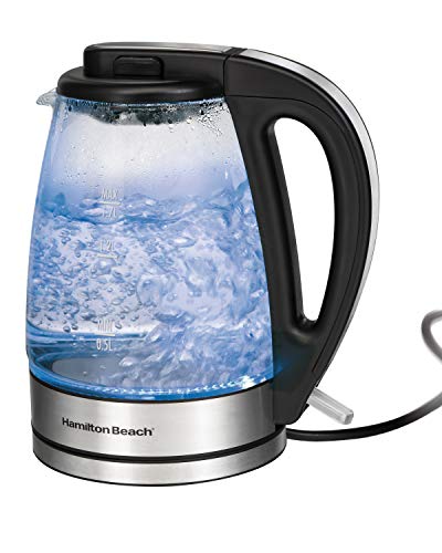 Product Cover Hamilton Beach 1.7 L Glass Electric Kettle for Tea and Water, Cordless, LED Indicator, Auto-Shutoff and Boil-Dry Protection, Brushed Metal (40865), Clear