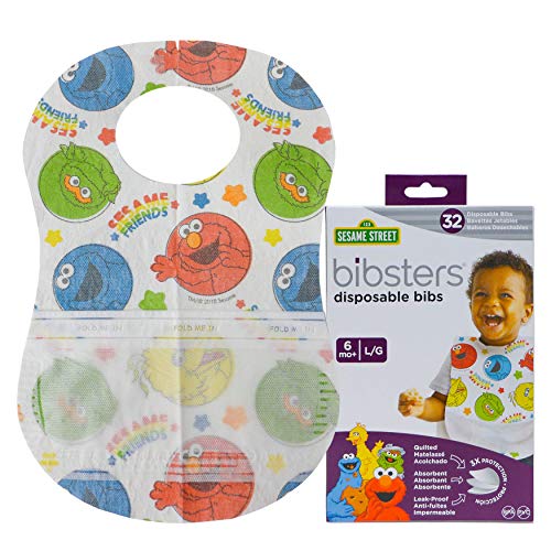 Product Cover Bibsters Sesame Street Large Disposable Bibs with Patented Crumb-Catcher, Leakproof Liner, and Reusable Fastener -Age 6 Months and Up