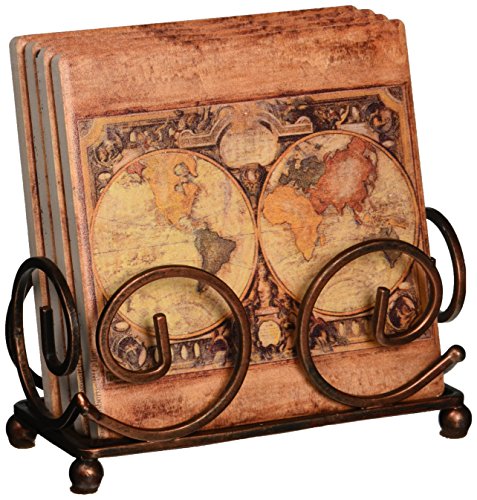 Product Cover Thirstystone Occasions Stoneware Drink Coasters with Holder, Includes Old World Map