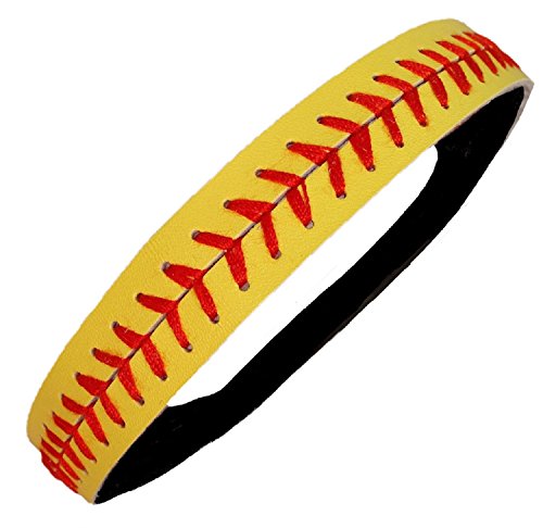 Product Cover Headbands by Kenz Laurenz Softball Headbands - Yellow Leather with Red Stitching Seam Fastpitch Stretch Elastic Sport and Fashion