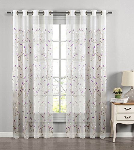 Product Cover Window Elements Wavy Leaves Embroidered Sheer Extra Wide 54 x 84 in. Grommet Curtain Panel, Lilac