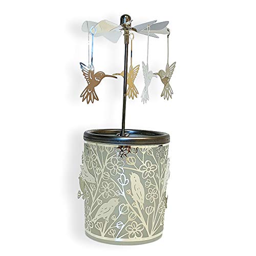 Product Cover BANBERRY DESIGNS Spinning Hummingbird Candle Holder - Silver Birds Spin Around The Frosted Glass Candle Holder