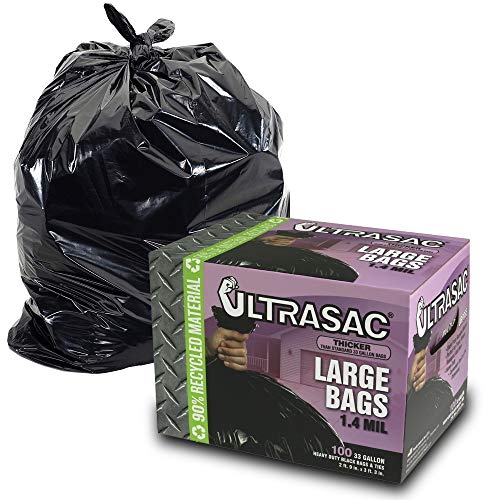 Product Cover UltraSac 33 Gallon Trash Bags - (Huge 100 Pack/w Ties) - 39' x 33' Heavy Duty Large Professional Quality Black Garbage Bags - Extra Strong Plastic Trashbags for Home, Kitchen, Lawn, and Other