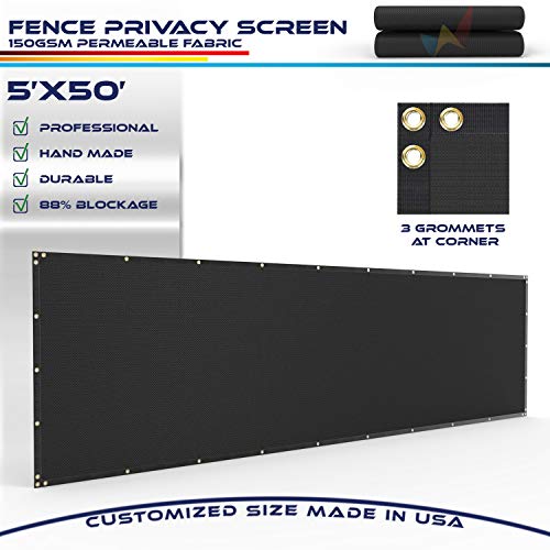 Product Cover Windscreen4less Heavy Duty Privacy Screen Fence in Color Solid Black 5' x 50' Brass Grommets w/3-Year Warranty 150 GSM (Customized Sizes Available)