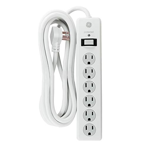 Product Cover GE 6 Outlet Surge Protector, 10 Ft Extension Cord, Power Strip, 800 Joules, Flat Plug, Twist-To-Close Safety Covers, White, 14092