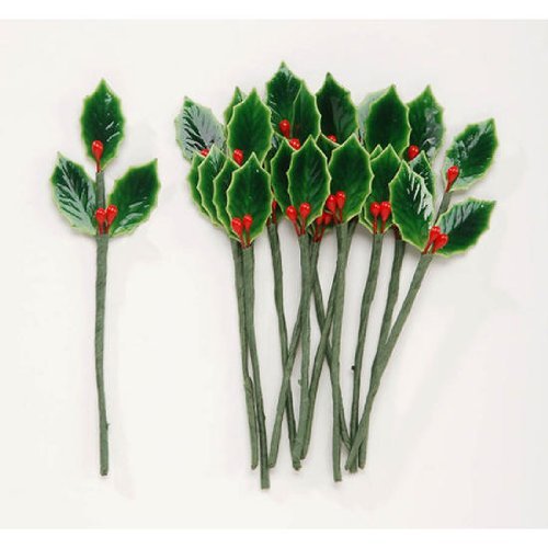 Product Cover Package of 48 Lacquered Holly Leaves with Bright Red Berry Stems for Holiday Crafts and Floral Projects