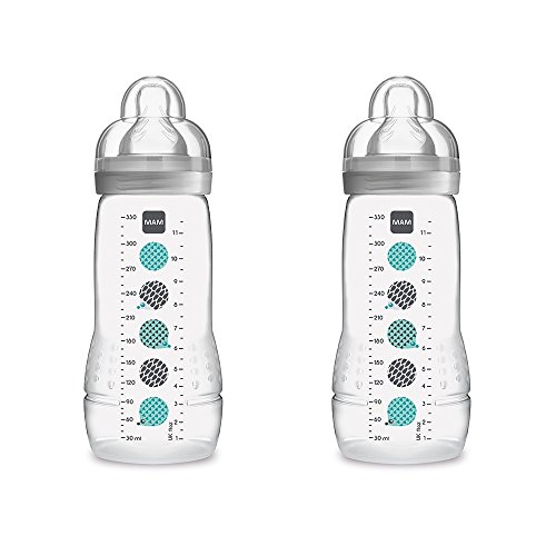 Product Cover MAM Easy Active Bottle 11 oz (2-Count), Fast Flow Bottles with Silicone Nipples, 4+ Month Baby Essentials, Unisex, Gray