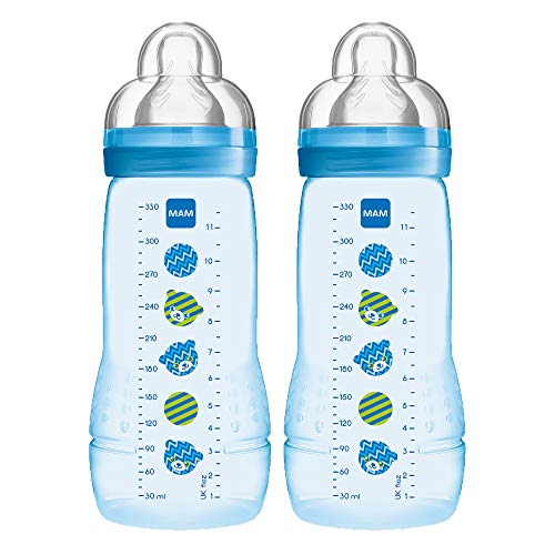 Product Cover MAM Easy Active Bottle 11 oz (2-Count), Fast Flow Bottles with Silicone Nipples, 4+ Month Baby Essentials, Baby Boy, Blue
