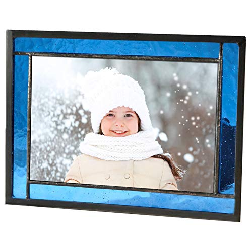 Product Cover Blue Picture Frame Stained Glass Home Décor Office Deck Table Top 4x6 Photo Horizontal Vertical Easel Back Series J Devlin