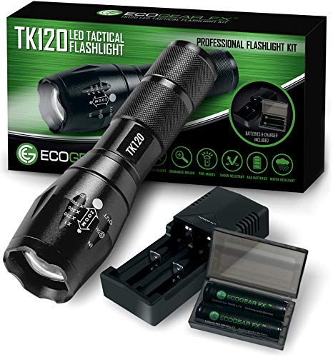 Product Cover Complete LED Tactical Flashlight Kit - EcoGear FX TK120: High Lumens with 5 Light Modes, Water Resistant, Zoomable - Includes Rechargeable Batteries and Battery Charger - Perfect Gift for Men