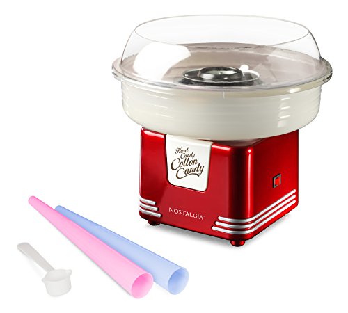 Product Cover Nostalgia PCM405RETRORED Hard and Sugar Free Countertop Cotton Candy Maker, Includes 2 Reusable Cones and Scoop, Retro Red
