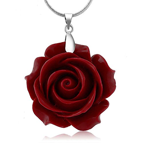Product Cover Gem Stone King 35mm Red Simulated Coral Carved Rose Flower Pendant with 16inches+2inches Extender Chain
