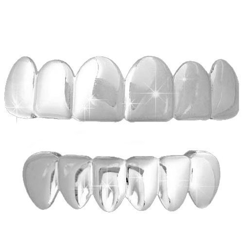 Product Cover Silver-Tone Hip Hop Removeable Mouth Grillz Set (Top & Bottom) Player Style