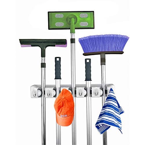 Product Cover Home- It Mop and Broom Holder, 5 Position with 6 Hooks Garage Storage Holds up to 11 Tools, Storage Solutions for Broom Holders, Garage Storage Systems Broom Organizer for Garage Shelving Ideas