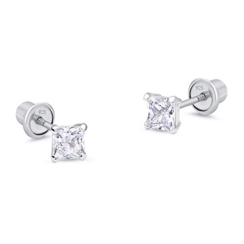 Product Cover 925 Sterling Silver Rhodium Plated 3mm Princess Cut Cubic Zirconia Stud Screwback Baby Girls Earrings