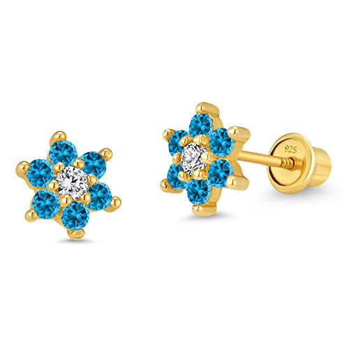 Product Cover 14k Gold Plated Brass Flower Cubic Zirconia Screwback Baby Girls Earrings with Sterling Silver Post