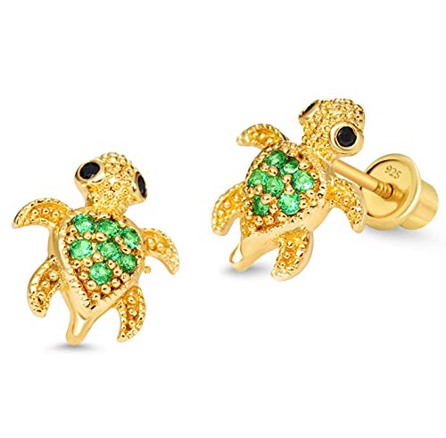 Product Cover 14k Gold Plated Brass Turtle Cubic Zirconia Screwback Baby Girls Earrings with Sterling Silver Post