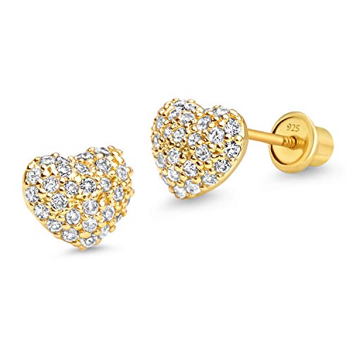 Product Cover 14k Gold Plated Brass Domed Heart Cubic Zirconia Screwback Girls Earrings with Sterling Silver Post