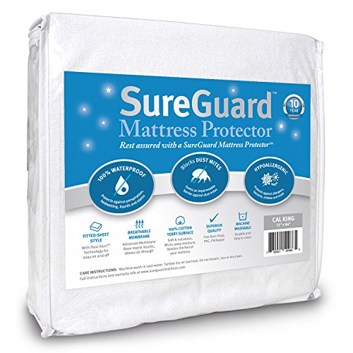 Product Cover SureGuard California King Mattress Protector - 100% Waterproof, Hypoallergenic - Premium Fitted Cotton Terry Cover - 10 Year Warranty