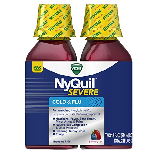 Product Cover Vicks NyQuil SEVERE Cough Cold and Flu Nighttime Relief Berry Flavor Liquid Twin Pack, 2x12 Fl Oz - Relieves Nighttime Sore Throat, Fever, Congestion