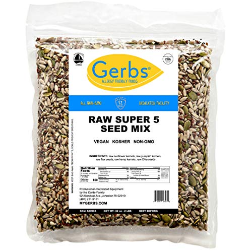 Product Cover Gerbs Raw Super 5 Seed Mix, 2 LBS. - Top 14 Food Allergy Free & NON GMO - Vegan & Keto Safe (Pumpkin, Sunflower, Chia, Flax, & Hemp Seeds)