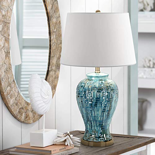Product Cover Asian Table Lamp Ceramic Teal Glaze Patterned Temple Jar White Empire Shade for Living Room Family Bedroom - Possini Euro Design