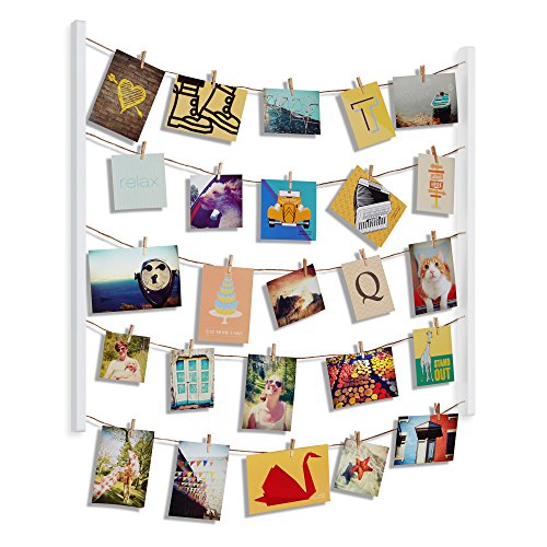 Product Cover Umbra Hangit Photo Display - DIY Picture Frames Collage Set Includes Picture Hanging Wire Twine Cords, Natural Wood Wall Mounts and Clothespin Clips for Hanging Photos, Prints and Artwork (White)