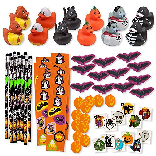 Product Cover 156 Piece Mega Halloween Toy Novelty Assortment; 12 Halloween Ducks, 12 Halloween Pencils, 12 Halloween Sticker Sheets; 48 Halloween Erasers; 72 Halloween Glitter Tattoos!!