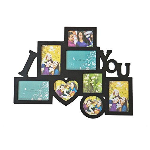 Product Cover Adeco Decorative Black Wood 8 Openings Decorative Wood ''I Love You'' Collage Wall Hanging Picture Photo Frame, 4x6 in, 4.5x5 in, 3.5x5 in and 4x4 in