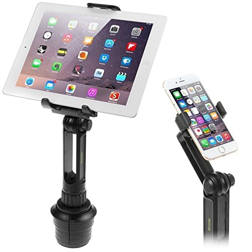 Product Cover Cup Mount Holder iKross 2-in-1 Tablet and Smartphone Adjustable Swing Cradle with Extended Cup Car Mount Holder Kit for Apple iPad iPhone Samsung Asus Tablet Smartphone - Black