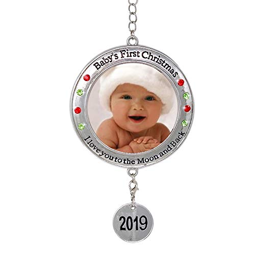 Product Cover BANBERRY DESIGNS Baby's First Christmas - 2019 Photo Xmas Ornament - I Love You to The Moon and Back Picture Opening for Babies - Baby Keepsake Ornaments