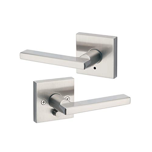 Product Cover Kwikset 91550-001 Halifax Door Handle Lever with Modern Contemporary Slim Square  Design for Home Bedroom or Bathroom Privacy in Satin Nickel