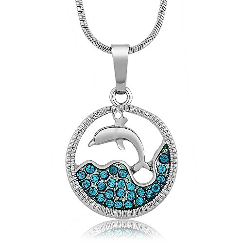 Product Cover Gem Stone King Stunning Dolphin and Sea in a Circle with Blue Crystals Pendant 18inches Chain