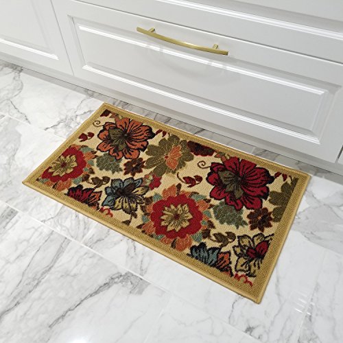 Product Cover Doormat 18x30 Beige Floral Kitchen Rugs and mats | Rubber Backed Non Skid Rug Living Room Bathroom Nursery Home Decor Under Door Entryway Floor Carpet Non Slip Washable | Made in Europe