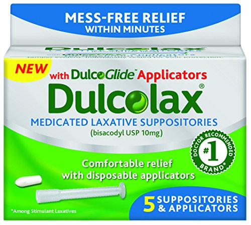 Product Cover Dulcolax Laxative Suppositories with Dulcoglide Suppository Applicator 5 Count Fast, Reliable, Gentle Relief from Constipation Within 15-50 Minutes, Comfort Shaped Medicated Suppositories