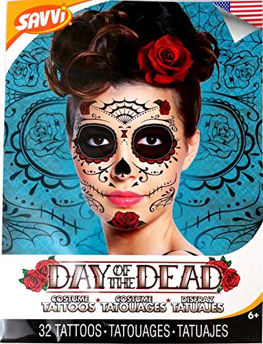 Product Cover Red Roses Day of the Dead Sugar Skull Temporary Face Tattoo Kit - Pack of 2 Kits