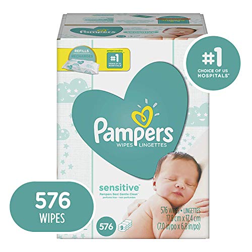 Product Cover Baby Wipes, Pampers Sensitive Water Based Baby Diaper Wipes, Hypoallergenic and Unscented, 9X Pop-Top Packs, 576 Count Total Wipes