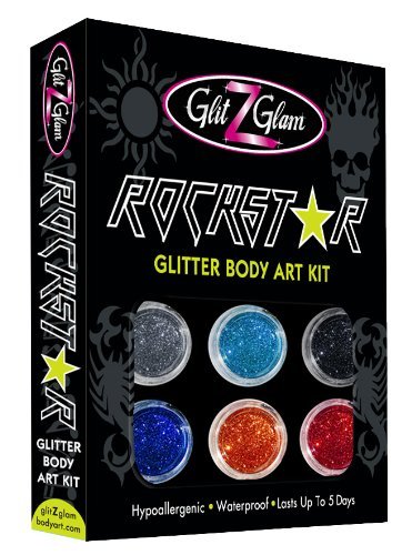 Product Cover Glitter Tattoo Kit ROCKSTAR - HYPOALLERGENIC and DERMATOLOGIST TESTED! - with 6 Large Glitters & 12 Stencils for Temporary Tattoos