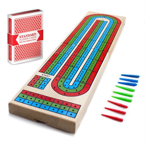 Product Cover Cribbage - Traditional Wooden Board Game, Classic 3-Track Layout & Plastic Pegs with Free Deck of Playing Cards by Brybelly
