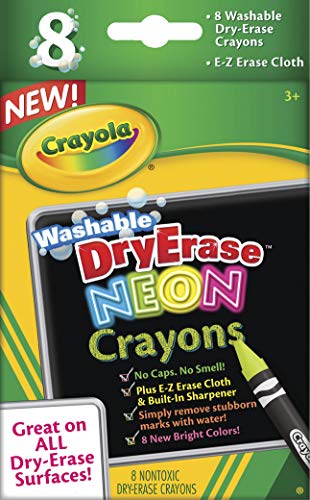 Product Cover Crayola; Dry-Erase Neon Crayons; Art Tools; 8 Count; Washable; Perfect for Classroom Art Activities; Includes Sharpener and Erase Cloth