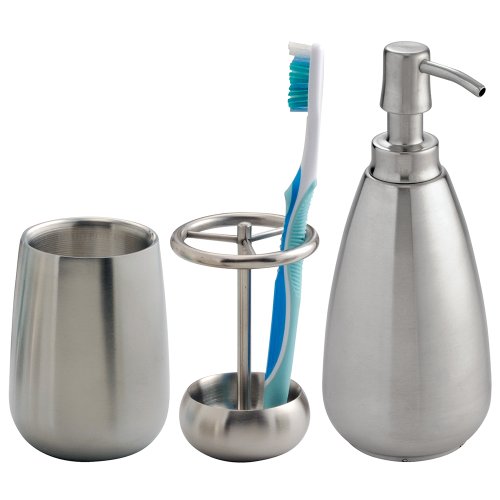 Product Cover iDesign Nogu Metal Countertop Accessory Set, Soap Dispenser Pump, Toothbrush Holder, and Tumbler Set for Master, Guest, Kids' Bathroom, 11.63