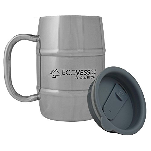 Product Cover EcoVessel Double Barrel Double Wall Insulated Stainless Steel Beer/Coffee Mug with Lid - 16 Ounce - Silver Express