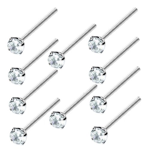 Product Cover Clear Cz 925 Sterling Silver Nose Ring 1.5mm Prong Round Setting Straight Ended 3/8