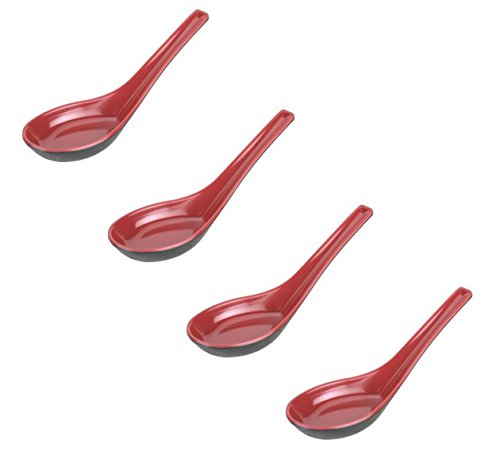 Product Cover JapanBargain 2384x4, Set of 4 Asian Japanese Chinese Wonton Soba Rice Pho Ramen Noodle Soup Spoons, Black/Red