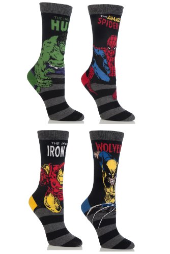 Product Cover SockShop Kids' 4 Pair Marvel Comics Hulk, Spiderman, Ironman & Wolverine Mix Socks 10-13 Multicolored