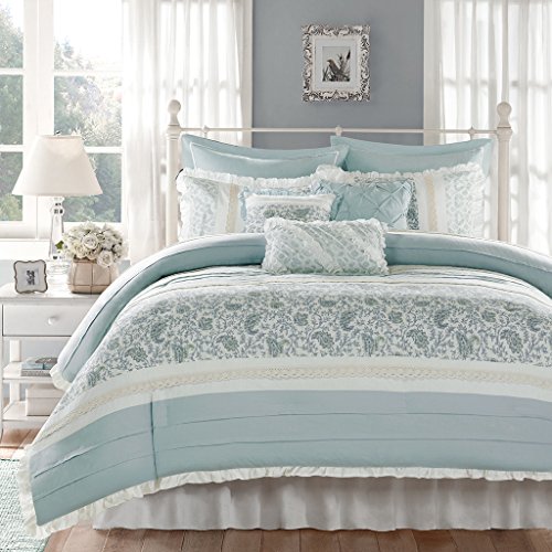Product Cover Madison Park Dawn Queen Size Bed Comforter Set Bed In A Bag - Aqua , Floral Shabby Chic - 9 Pieces Bedding Sets - 100% Cotton Percale Bedroom Comforters