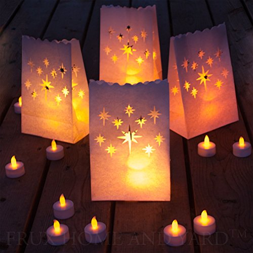 Product Cover Frux Best Flameless Tealights + Bonus Luminary Bag Set, 24 Battery Operated LED Tea Lights & 12 Star Luminary Bags, Fake Candles with Realistic Flame, 80+ Hours of Safe LED Flamesless Candlelight