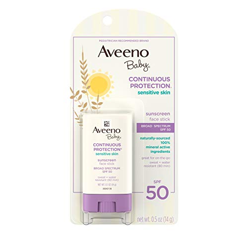 Product Cover Aveeno Baby Continuous Protection Sensitive Skin Mineral Sunscreen Stick for Face with Broad Spectrum SPF 50, Zinc Oxide & Titanium Dioxide, Oil-Free & Water-Resistant, Travel-Size, 0.5 oz (Pack of 3)
